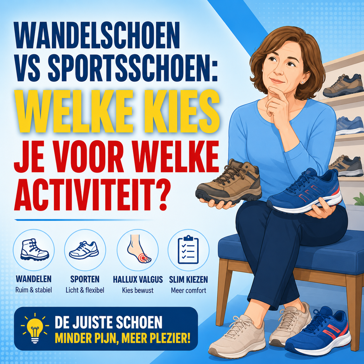 Wandelschoen vs sportschoen bij hallux valgus: welke kies je voor welke activiteit?